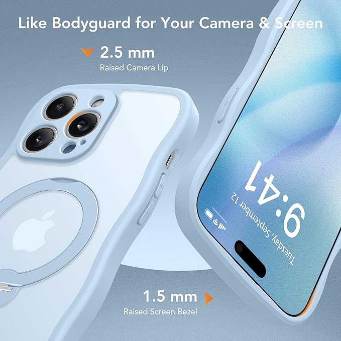 for iPhone 14 Pro Max Case for Women,[Compatible with Magsafe][360° Spin Magnetic Stand][Cute Wave Edge][Military-Grade Protection]Translucent Matte Phone Case for iPhone 14 ProMax, Baby Blue