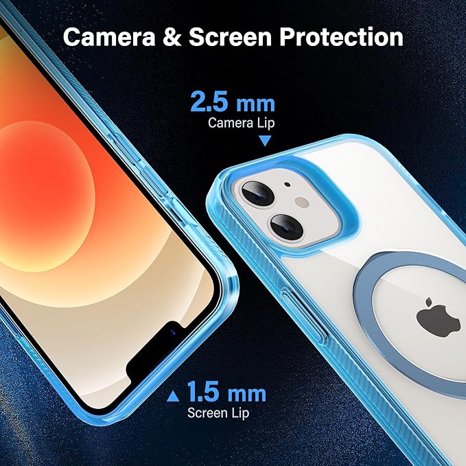 Magnetic Case for iPhone 12/12 Pro - [Built-in Invisible Stand] [Compatible with MagSafe] [Military Grade Drop Protection] Anti-Yellowing Hard Back Silicone Edge Cover, 6.1", Clear Blue