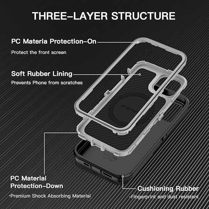 for iPhone 13/14/15 Case [Compatible with MagSafe] Shockproof 3-Layer Full Body Protection Rugged Heavy Duty Cover Case for Apple iPhone 13/14/15 6.1",Black/Grey
