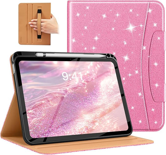MoKo for iPad (A16) 11th Generation Case 11 inch 2025, iPad 10th Generation Case 10.9" 2022 with Pencil Holder & Pocket, Premium Leather Folio Stand Cover, Multiple Viewing Angles, Shiny Pink