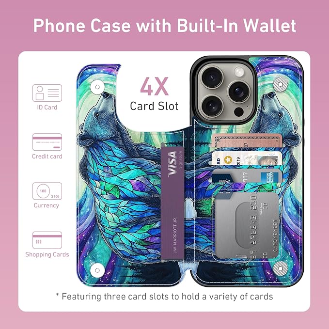 FUNMIKO for iPhone 15 Pro Max Wallet Case with Card Holder, RFID-Blocking, Military-Grade Protection & UV-Printed Artwork, Magnetic Closure with Leather Kickstand - Prismatic Aurora Bear