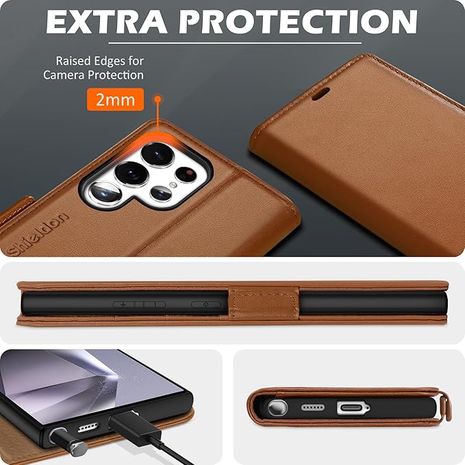 SHIELDON Case for Galaxy S25 Ultra, Genuine Leather Wallet Case with Kickstand RFID Blocking Card Holder Magnetic Shock Absorbing Cover Compatible with Galaxy S25 Ultra 6.9" 2025 - Nappa Saddle Brown