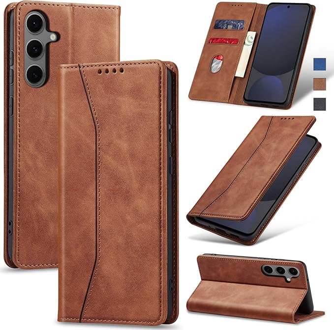 Jasonyu Flip Wallet Case for Samsung Galaxy S24 FE,Leather Magnetic Folio Cover with Card Holder,Kickstand - TPU Shockproof Durable Protective Phone Case,Brown