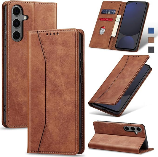 Jasonyu Flip Wallet Case for Samsung Galaxy S24 FE,Leather Magnetic Folio Cover with Card Holder,Kickstand - TPU Shockproof Durable Protective Phone Case,Brown