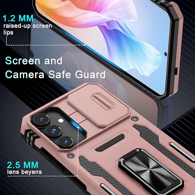 DEERLAMN Case for Samsung Galaxy S24+ Plus with Slide Camera Cover+Screen Protector (1 Pack), Rotated Ring Kickstand Military Grade Shockproof Protective Cover-Rose Gold
