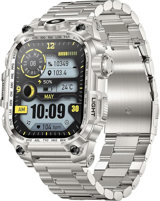 Tough Smart Watch for Working Men with Flashlight, 2.01" HD Ultra Large Rugged Smartwatch Bluetooth Call/Heart Rate/Sleep Monitor Hiking Camping Fitness Track Watches