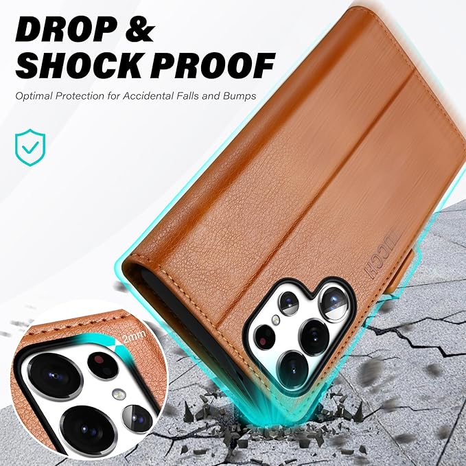 TUCCH Wallet Case for Galaxy S25 Ultra with [TPU Shockproof Interior Case] [RFID Blocking] Folio Stand Card Slot, Magnetic PU Leather Protect Folio Cover Compatible with Galaxy S25 Ultra, Light Brown