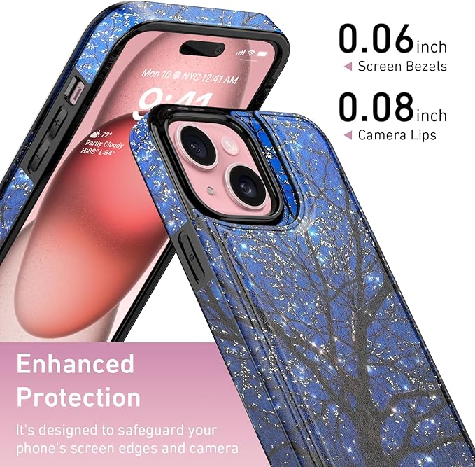 FUNMIKO for iPhone 13 Wallet Case with Card Holder, RFID-Blocking, Military-Grade Protection & UV-Printed Artwork, Magnetic Closure with Leather Kickstand - Dreamy Wishing Tree