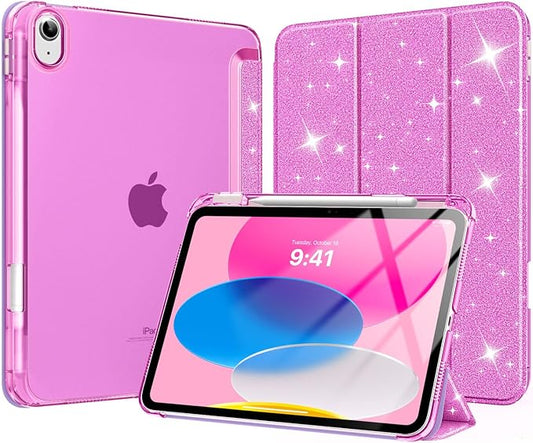 MoKo for iPad (A16) 11th Generation Case 11 Inch 2025, iPad 10th Gen Case 10.9 Inch 2022 with Pencil Holder, Slim Light Trifold Protective Cover with Hard PC Translucent Back Shell, Glitter Purple