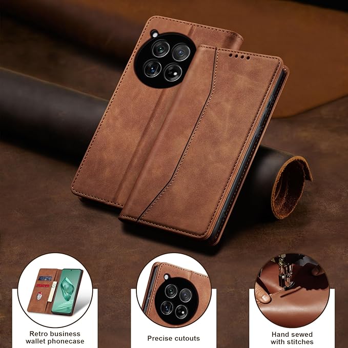 Jasonyu Flip Wallet Case for OnePlus 12,Leather Magnetic Folio Cover with Card Holder,Kickstand - TPU Shockproof Durable Protective Phone Case,Brown