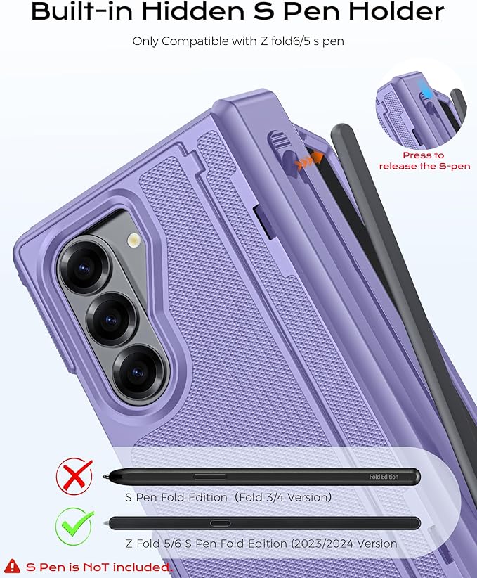 for Galaxy Z Fold 6 Case, S Pen Holder & Privacy Screen Protector & Kickstand & Hinge Protection, Slim Rugged Military-Grade Shockproof Protective Phone Case for Samsung Fold 6 Case (Purple)