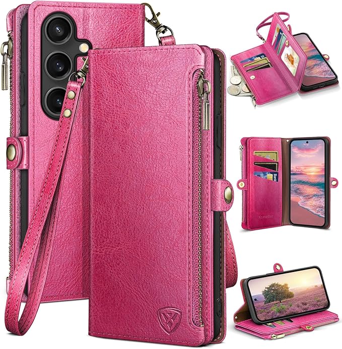 XcaseBar Compatible with Samsung Galaxy S25 Wallet case with Zipper Credit Card Holder【RFID Blocking】,Flip Folio Book PU Leather Phone case Shockproof Cover Women Men for Samsung S25 case Rose Red