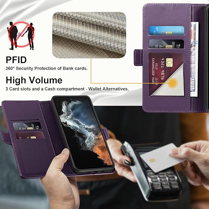 Wallet Flip Case for Samsung Galaxy S22 Ultra 5G - [RFID Blocking] Luxury PU Leather Card Holder Magnetic Phone Cover with Kickstand,Shockproof Protective Case,Purple