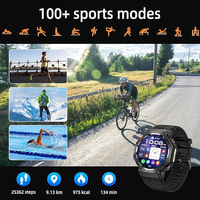 SW8(Black) 1.39" Stylish Smartwatch for Men, Bluetooth Calling, AI Voice Assistant, 107 Sport Modes, 3ATM Waterproof, Fashionable Design, Compatible with Android/iOS