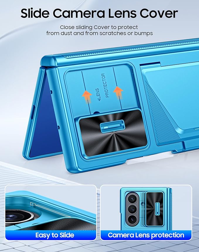for Samsung Galaxy Z Fold 7 Case with Card Holder RFID Blocking, Built in Slide Lens Cover & Hinge Protection & Screen Protector, Shockproof Wallet Case for Z Fold 7 (Lake Blue)
