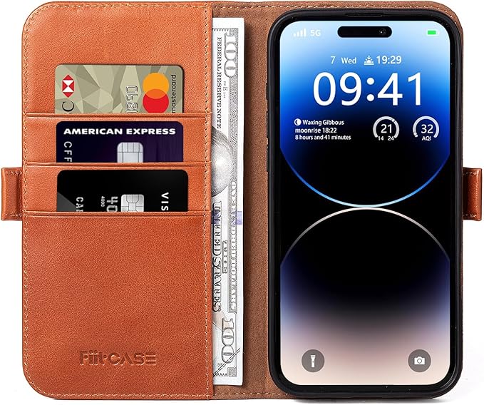 Case for iPhone 16 Pro 6.3" 2024-Genuine Leather Folio Magnetic Closure RFID Blocking Card Holder Kickstand Full Protection Phone Case Compatible with iPhone 16 Pro (Brown)