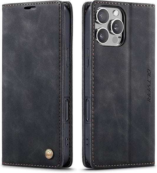 QLTYPRI for iPhone 16 Pro Case Wallet with Card Holder, Vintage PU Leather Kickstand Magnetic Closure Shockproof Folio Book Cover Case for iPhone 16 Pro - Black