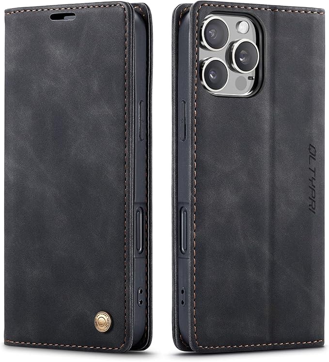 QLTYPRI for iPhone 16 Pro Max Case Wallet with Card Holder, Vintage PU Leather Kickstand Magnetic Closure Shockproof Folio Book Cover Case for iPhone 16 Pro Max - Black