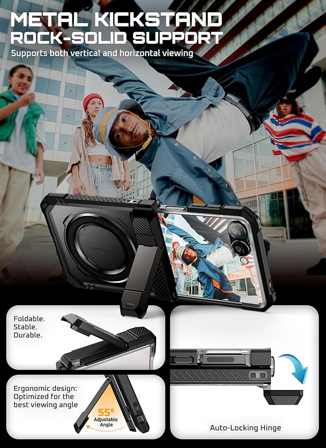 SUPCASE for Samsung Galaxy Z Flip 7 Case with Stand & Front Screen Protector (Unicorn Beetle Grip), [Support MagSafe] [Hinge Protection] Full Body Military-Grade Translucent Back Phone Cover, Black