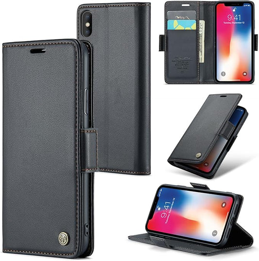 for iPhone X Case/iPhone Xs Case, Premium PU Leather Wallet Case Flip Cover with [RFID Blocking][Card Holder][Stand Function] Shockproof Protective for iPhone X/XS, Black