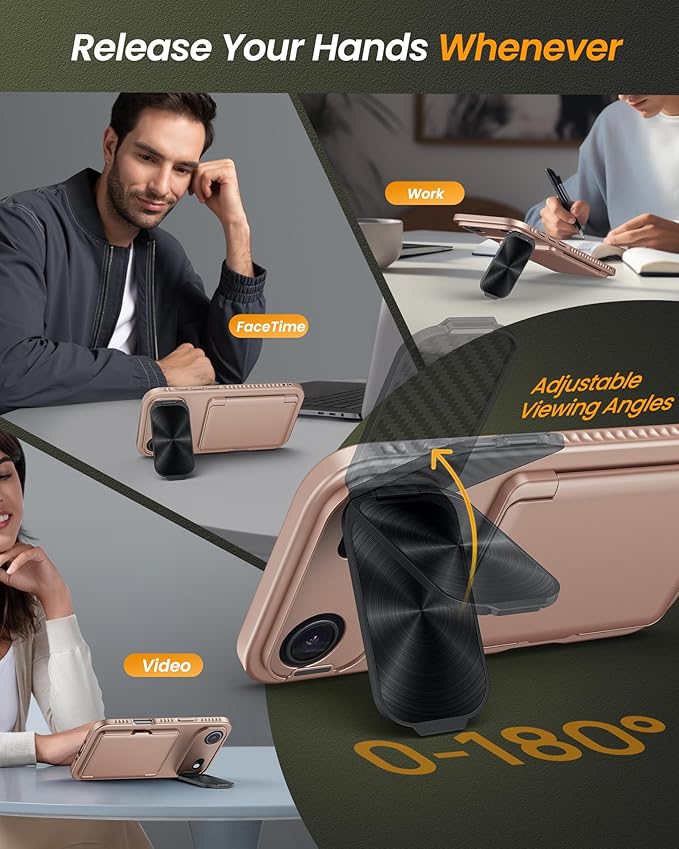 for iPhone Air Case with Card Holder & Stand & Camera Cover, Military Grade Drop Protection Hard Back Rugged Multifunctional Wallet Kickstand Protective Phone Case for iPhone Air, Rose Gold