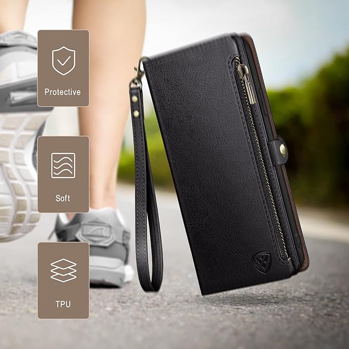 XcaseBar Compatible with Samsung Galaxy S25 Wallet case with Zipper Credit Card Holder【RFID Blocking】,Flip Folio Book PU Leather Phone case Shockproof Cover Women Men for Samsung S25 case Black