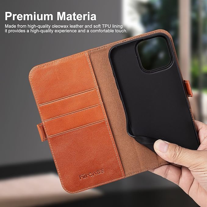 Case for iPhone 16 Pro 6.3" 2024-Genuine Leather Folio Magnetic Closure RFID Blocking Card Holder Kickstand Full Protection Phone Case Compatible with iPhone 16 Pro (Brown)