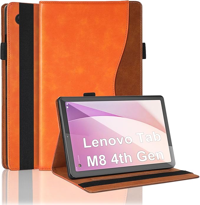 Cover for Lenovo Tab M8 4th Gen 8.0 inch (TB300FU/TB300FX) Business PU Leather Multi-Angle Stand Flip Case with Pencil Holder Card Slot for Lenovo Tab M8 4th Gen 2023-Orange