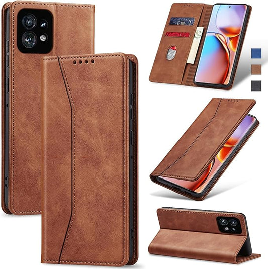 Jasonyu Flip Wallet Case for Motorola Edge+ (2023)/Moto Edge Plus (2023),Leather Magnetic Folio Cover with Card Holder,Kickstand - TPU Shockproof Durable Protective Phone Case,Brown