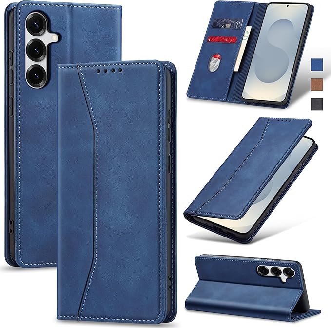 Jasonyu Flip Wallet Case for Samsung Galaxy S25 Plus/S25+,Leather Magnetic Folio Cover with Card Holder,Kickstand - TPU Shockproof Durable Protective Phone Case,Blue