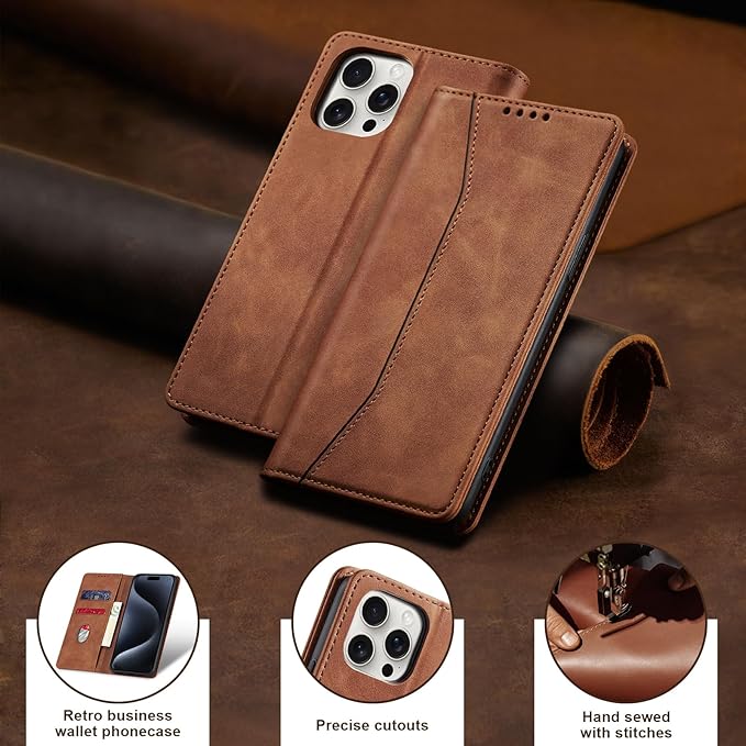 Jasonyu Flip Wallet Case for iPhone 15 Pro,Leather Magnetic Folio Cover with Card Holder,Kickstand - TPU Shockproof Durable Protective Phone Case,Brown