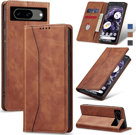 Jasonyu Flip Wallet Case for Google Pixel 8,Leather Magnetic Folio Cover with Card Holder,Kickstand - TPU Shockproof Durable Protective Phone Case,Brown