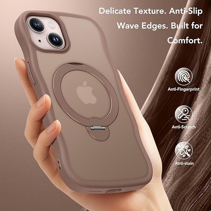for iPhone 13 Case & iPhone 14 Case for Women,[Compatible with Magsafe][360° Spin Magnetic Stand][Cute Wave Edge][Military-Grade Protection]Translucent Matte Phone case for iPhone 13/14, Brown