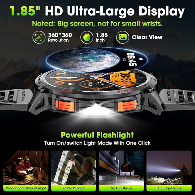 Military Smart Watches for Men, 1.85" HD Large Screen Smart Watch, Flashlight/730mAh/110+ Sports Modes Fitness Tracker Watch, Waterproof Mens Smart Watch for Android Phones iPhone Compatible