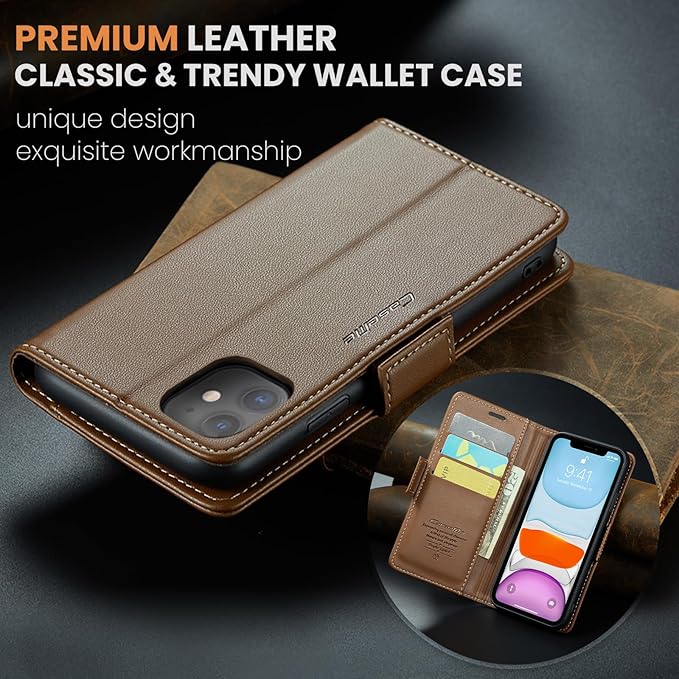 for iPhone 11 Case, Premium PU Leather Wallet Case Flip Cover with [RFID Blocking][Card Holder][Stand Function] Shockproof Protective for iPhone 11, Brown
