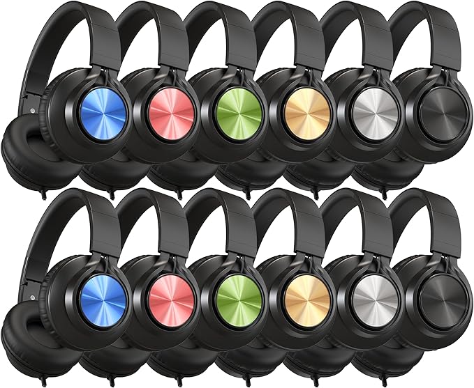 AILIHEN Classroom Headphones Bulk 12-Pack, Headphones Wired with Microphone for Students, Teens, Library, Chromebook, Laptop, Adjustable, Foldable, 3.5mm Jack - (Mixed Color)