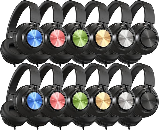 AILIHEN Classroom Headphones Bulk 12-Pack, Headphones Wired with Microphone for Students, Teens, Library, Chromebook, Laptop, Adjustable, Foldable, 3.5mm Jack - (Mixed Color)
