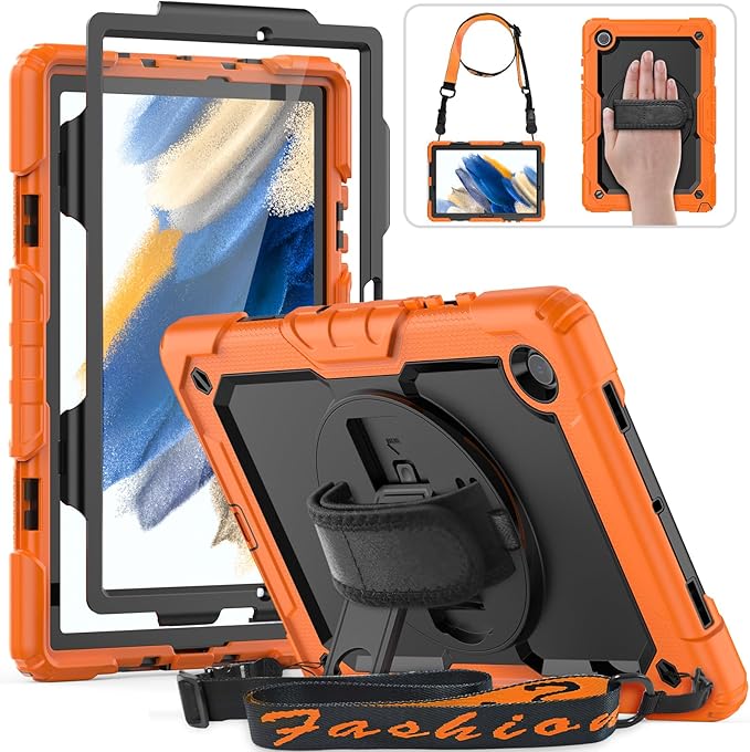 HXCASEAC Case for Samsung Galaxy Tab A8 10.5 inch, Protective with Screen Protector/Hand Strap/Pen Holder, Sturdy Shockproof A8 Tablet Case 2022 SM-X200/X205/X20 - Orange