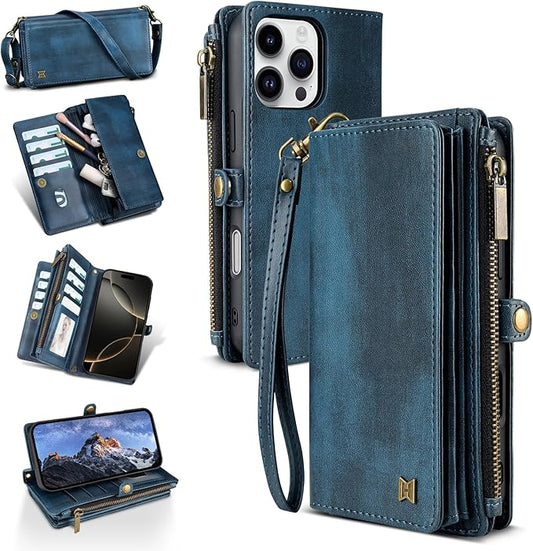 for iPhone 16 Pro Wallet Phone Case with 7 Card Holder,RFID Blocking | PU Leather | Kickstand | Flip | Wrist Strap&Shoulder Strap | Shockproof | Zipper Wallet | Women Men | 6.3" | Blue