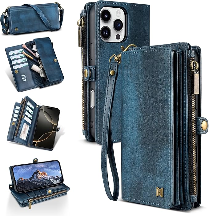 for iPhone 12 Pro Max Wallet Phone Case with 8 Card Holder,RFID Blocking | PU Leather | Kickstand | Flip | Wrist Strap&Shoulder Strap | Shockproof | Zipper Wallet | Women Men | 6.7" | Blue