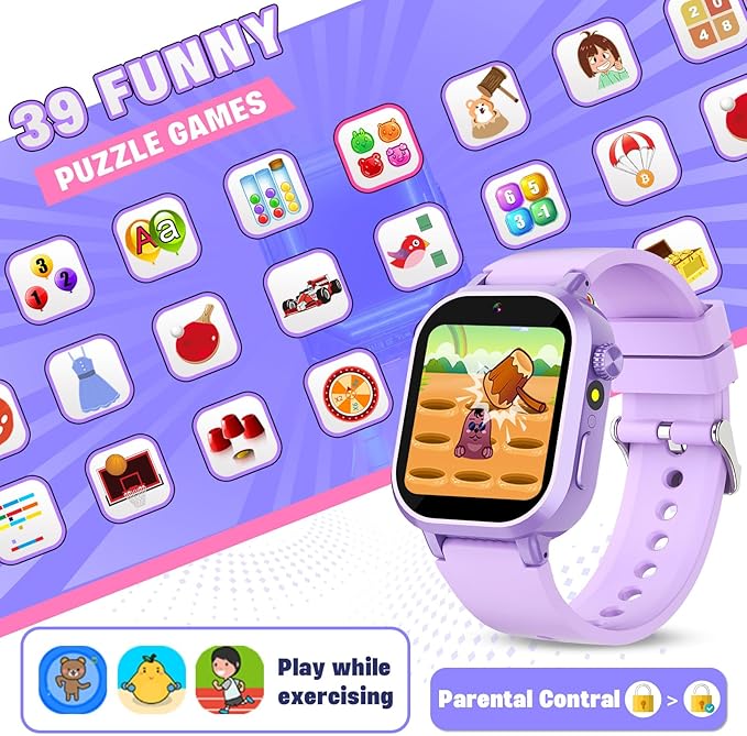 Vakzovy Kids Waterproof Smart Watch Girls Gift Age 3-12 with 39 Game HD Touch Screen Video Camera Music Player Pedometer Alarm Clock Birthday Gift for 6 7 8 9 Year Olds Purple