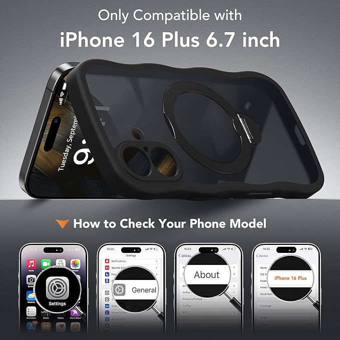 GolbinBox for iPhone 16 Plus Case,[Compatible with Magsafe][360° Spin Magnetic Stand][Military-Grade Protection][Camera Control][Cute Wave Edge] Translucent Matte Women Phone Cover for 16 Plus, Black