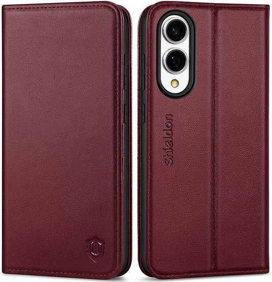 SHIELDON Wallet Case for Galaxy S25 Edge 5G 6.7", Genuine Leather Flip Magnetic Cover RFID Blocking Card Slot Kickstand Shockproof Protective Case Compatible with Galaxy S25 Edge 2025 - Nappa Wine Red