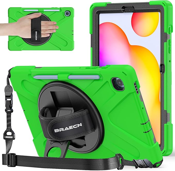 BRAECNstock Case for Samsung Galaxy Tab S6 Lite 10.4 inch 2024/2022/2020 (SM-P620/P610/P619) Shockproof Protective Samsung Galaxy S6 Lite Case with Pen Holder Rotating Stand & Hand Strap Kids - Green