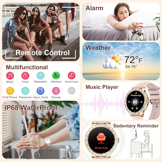 GADIXY Smart Watches for Women(Make/Answer Call) with Diamond:1.32" Fitness Tracker Watch for HR/Blood Pressure/SpO2/Sleep Monitor,Digital Running Watches for Women Android/iOS,3 Strips