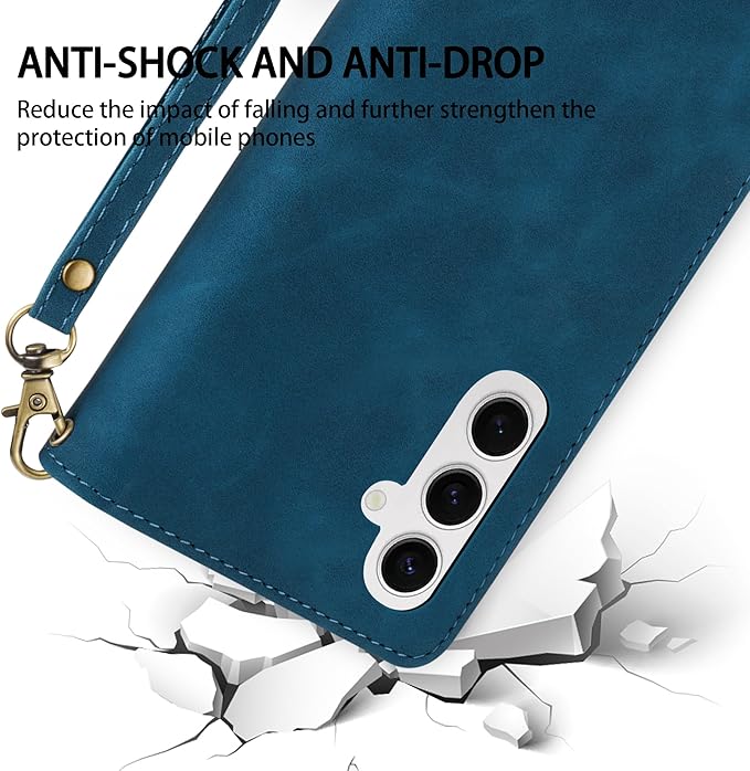 ZZXX for Samsung Galaxy S24 Wallet Case with RFID Blocking Card Slot PU Leather Zipper Flip Folio with Strap Kickstand Protective Cover for Samsung Galaxy S24 Case Wallet(Blue-6.2 inch)