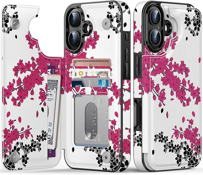 FUNMIKO for iPhone 16 Plus Wallet Case with Card Holder, RFID-Blocking, Military-Grade Protection & UV-Printed Artwork, Magnetic Closure with Leather Kickstand - Dramatic Blossom Drift