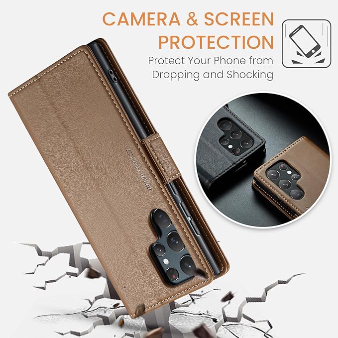 Case for Samsung Galaxy S22 Ultra Wallet Case, RFID Blocking PU Leather Flip Folio Cover Card Holder Kickstand Shockproof Phone Case Compatible with Samsung Galaxy S22 Ultra, Brown