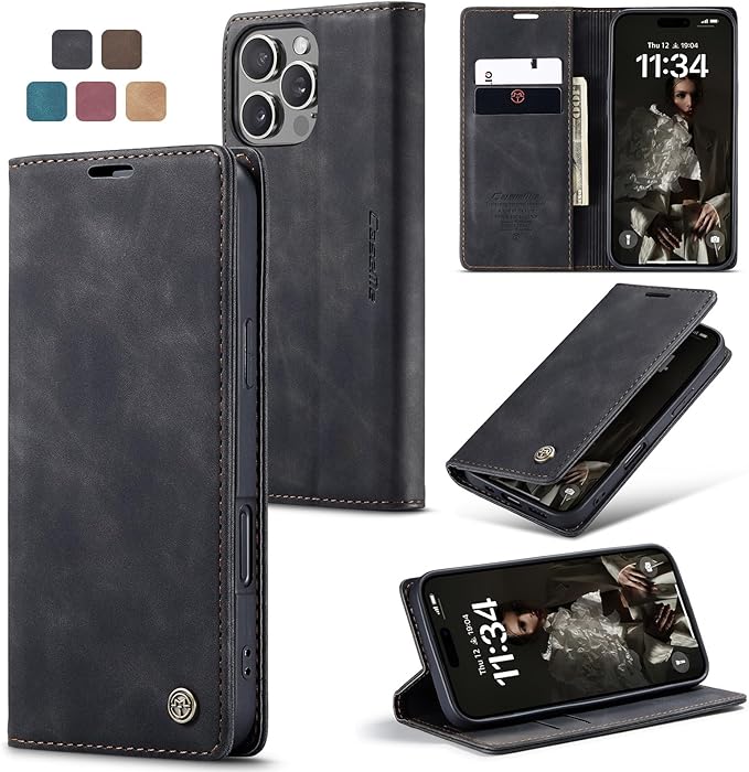 for iPhone 16 Pro Max Case, Flip Wallet Leather Case with Card Holder Magnetic Closure Shockproof Kickstand Protective Phone Cases Cover for iPhone 16 Pro Max, Black