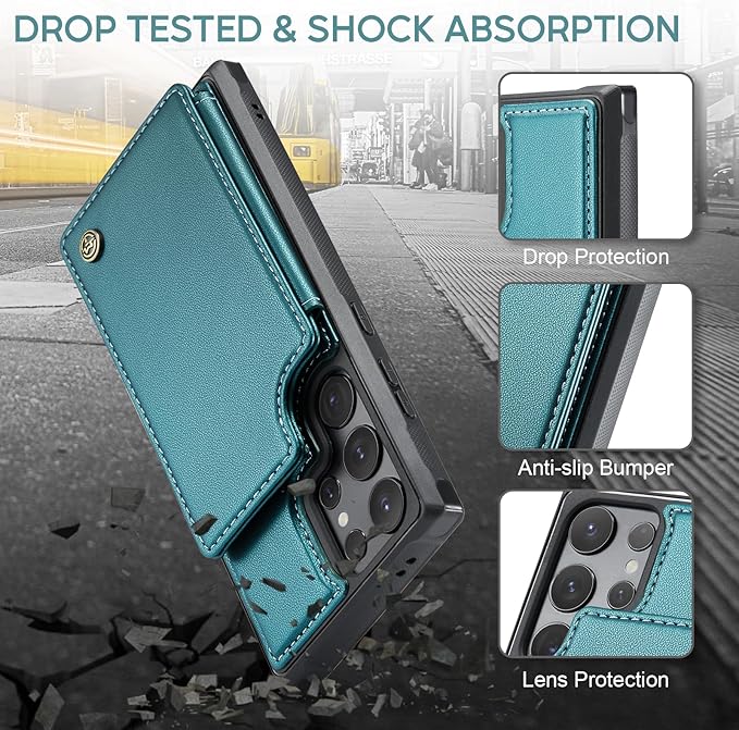 Vinich for Samsung Galaxy S24 Ultra Wallet Case with Card Holder, RFID Blocking Credit Slots Kickstand Shockproof Phone Cover for Women Men, Bluish Green